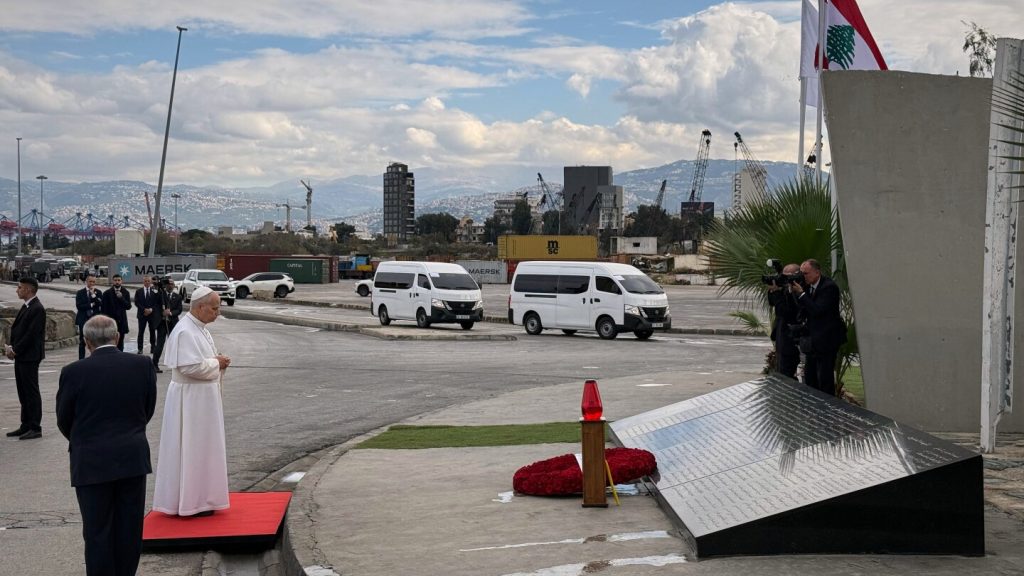Pope prays at site of 2020 port explosion, consoles relatives of victims on last day of trip